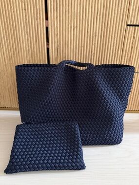Naghedi Large Navy Woven Tote with Matching Pouch